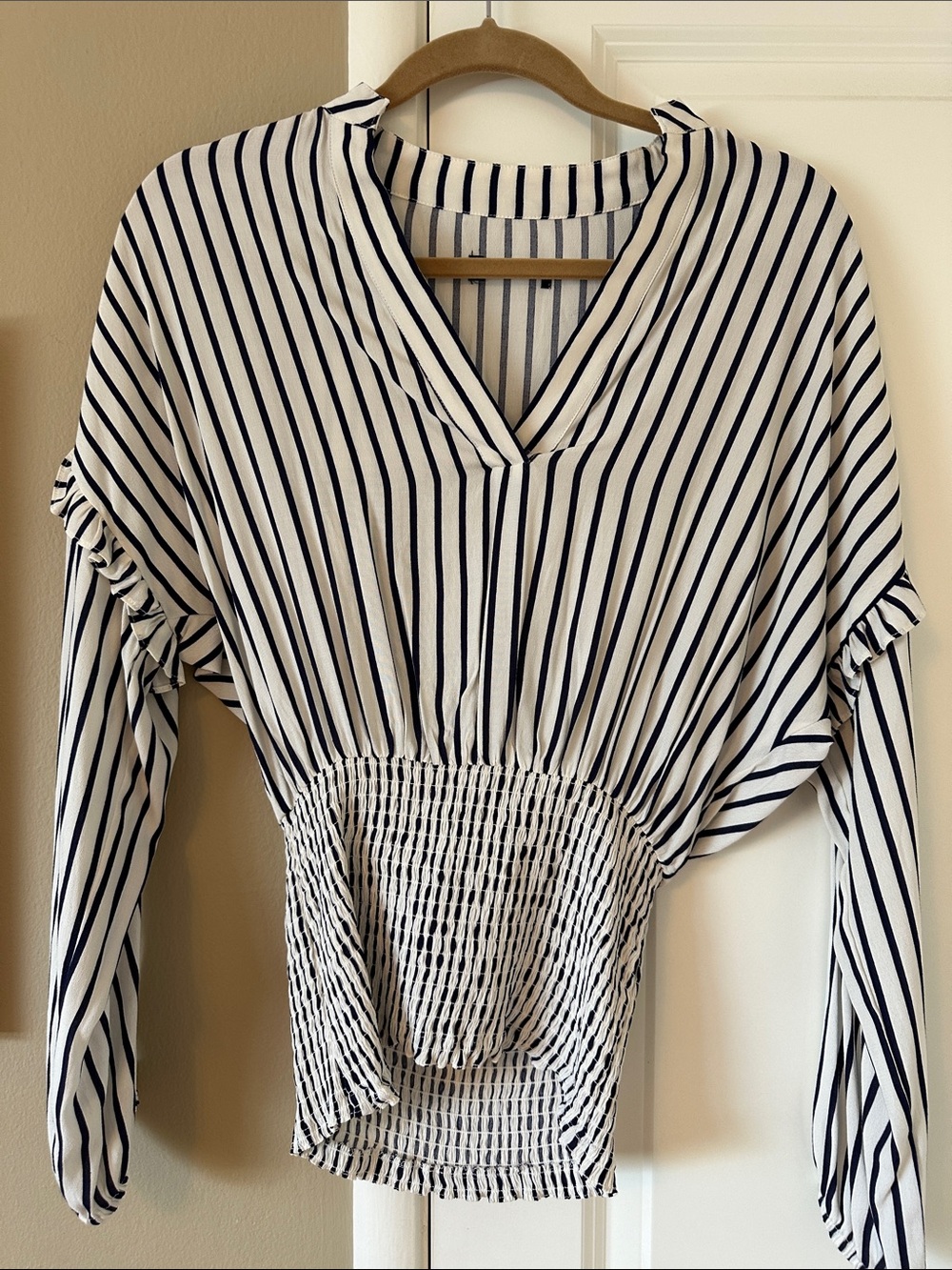 Aqua Navy and White Vertical-Stripe Smocked-Waist V-Neck Blouse
